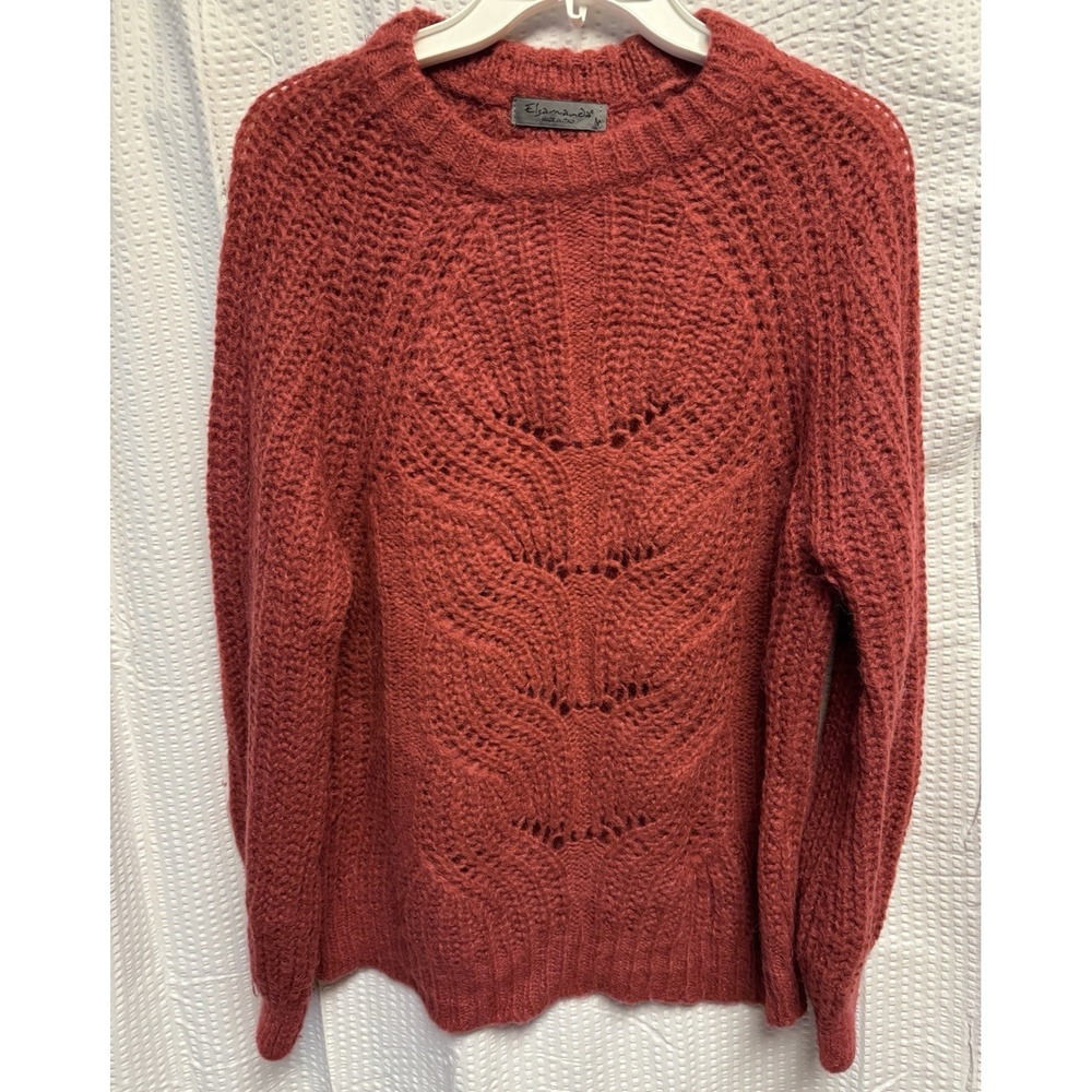 Elsamanda Women's M Alpaca Blend Sweater Loose Open Knit Burnt Red Long Sleeve